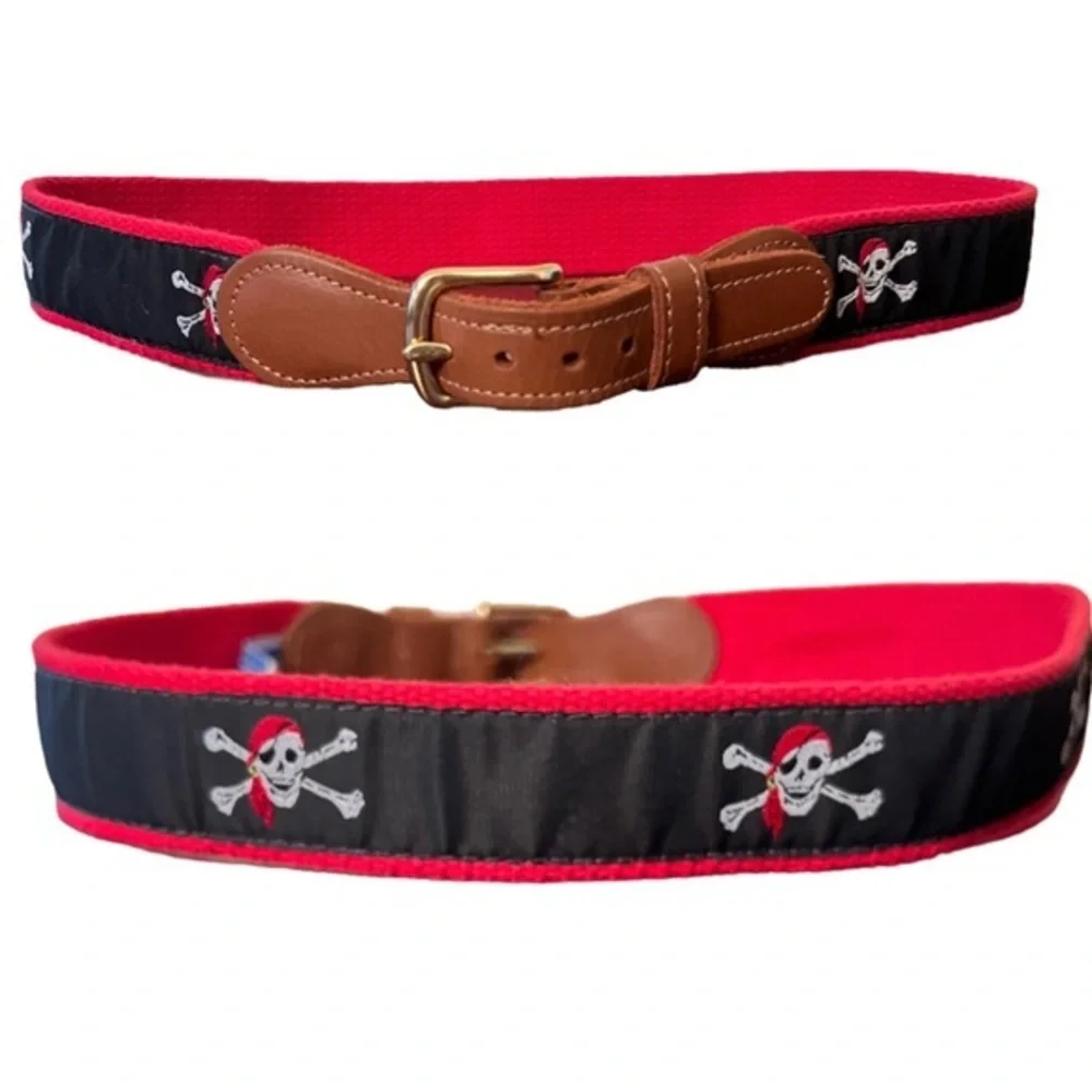 Vintage Preston belt pirate skulls fabric leather trim EUC